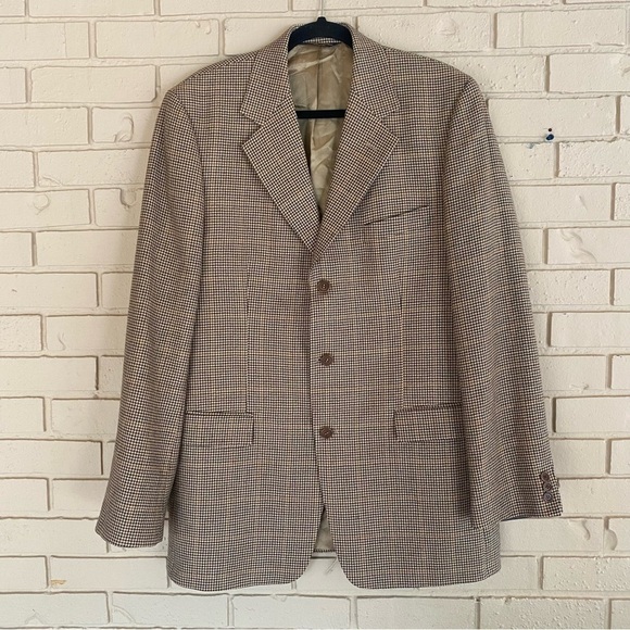 Brooks Brothers Blazer Men 42L Beige Houndstooth Wool Three Button Sport Coat - Picture 1 of 9